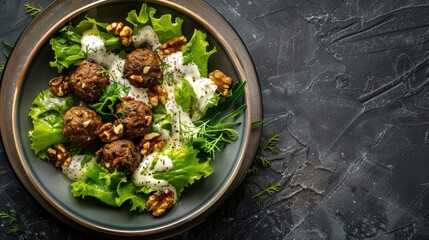 Wall Mural - Arrangement of Food with Lettuce Beef Balls Creamy White Sauce and Walnuts