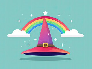 Colorful wizard hat with rainbow and clouds. Whimsical design perfect for magic, fantasy themes, or children's illustrations.