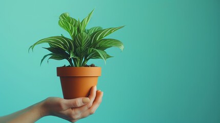 Wall Mural - Hand Holding Potted Plant Against Turquoise Background