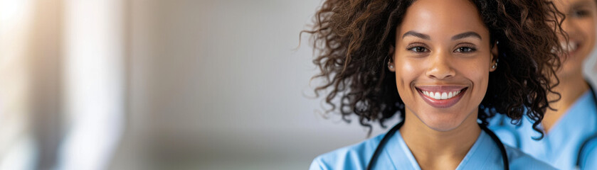 Wall Mural - A woman with curly hair is smiling and wearing a blue scrubs