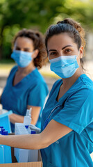 Two nurses wearing blue scrubs and blue masks