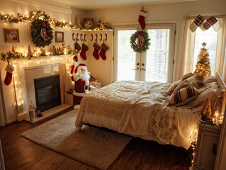 Wall Mural - A bedroom decorated for Christmas with a fireplace, wreath, and a Santa Claus figurine. The bed is covered in a white comforter and pillows