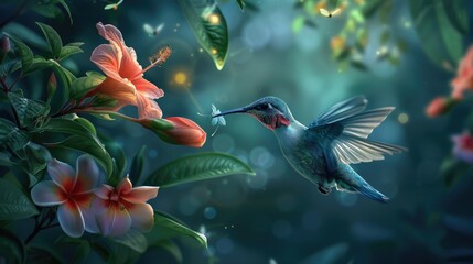 Wall Mural - Hummingbird flying to pick up nectar from a beautiful flower. Digital artwork