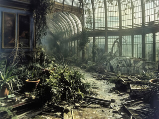 Sticker - A large, abandoned greenhouse with a lot of plants and debris. Scene is eerie and desolate