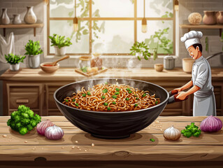 Wall Mural - A chef is cooking noodles in a pan on a wooden table. The scene is set in a kitchen with various ingredients and utensils, including a bowl of noodles, a spoon, and a bottle. The atmosphere is warm