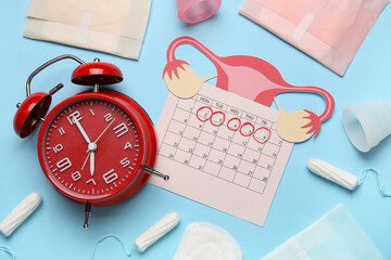 Sticker - Composition with menstrual calendar, feminine hygiene products and alarm clock on color background