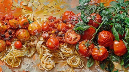 Sticker - Consumption of Food and Beverages Amid Italian Pasta Tomato Sauce and Fresh Arugula Leaves