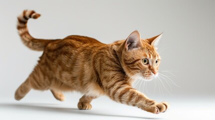 Wall Mural - Studio photograph of a striped ginger cat in motion on white floor