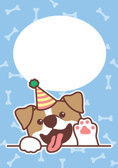Wall Mural - Cute jack russell dog with party hat waving paw cartoon greeting card, vector illustration