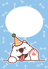 Wall Mural - Cute samoyed dog with party hat waving paw cartoon greeting card, vector illustration