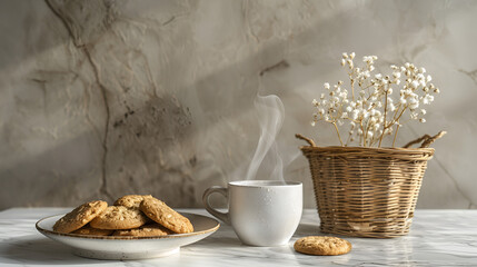 un desayuno elegante y sofisticado con una canasta con flores como decoracion cafe y galletas de ape