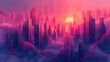 © DARIKA - A background with grainy gradients in vibrant pinks and purples, featuring large, abstract city skylines and exaggerated, playful figures for a dynamic urban adventure theme. Illustration, Minimalism,