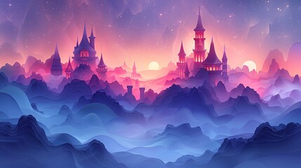 A whimsical composition with grainy color fades in soft purples and blues, showcasing large, abstract fairy tale castles and exaggerated, playful shapes for a dreamy fantasy theme. Illustration,