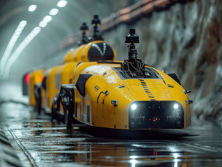 Wall Mural - A yellow train with a yellow caboose is driving down a tunnel. The train is surrounded by a lot of water, and the tunnel is dark