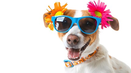 Happy smile Puppy dog wear sunglasses with summer season costume isolated on white background, pets summer, lovely dog, holiday vacation.