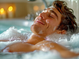 Poster - A man is in a bathtub with bubbles and candles. He is smiling and he is enjoying himself