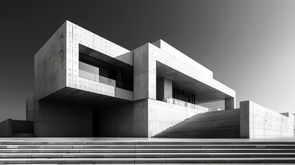 A brutalist apartment building with sharp, angular lines and rough concrete surfaces, captured in a high-contrast black and white photograph. Illustration, Minimalism,