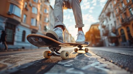 Wall Mural - A person is skateboarding on a sidewalk in autumn