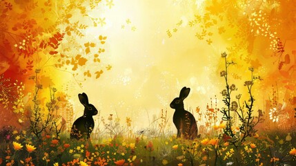 Enchanted Forest: Black Silhouetted Rabbits Among Autumn Floral Bliss