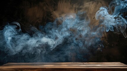 Poster - Empty wooden table with smoke on dark background wooden shelf used as studio display