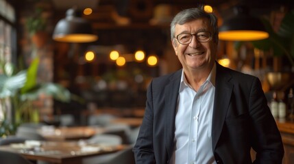 Wall Mural - A man in a suit and white shirt is smiling in front of a restaurant. The restaurant has a cozy atmosphere with potted plants and a few chairs