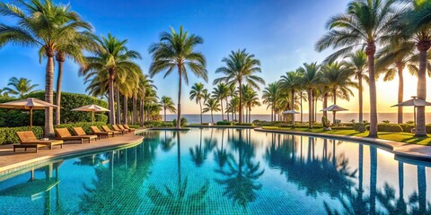 Wall Mural - Luxury pool surrounded by palm trees at a tropical resort, resort, pool, luxury, palm trees, tropical, relaxation, vacation