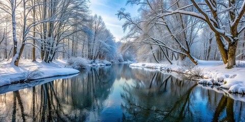 Wall Mural - Winter river in the forest with snow-covered banks and bare trees, winter, nature, river, forest, snow, cold, frozen, peaceful, tranquil