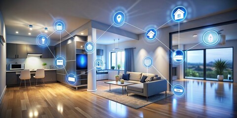 Wall Mural - Smart home technology featuring a digital assistant controlling lights, temperature, security, and appliances