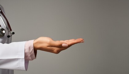 Half cropped close up of hand with white coat sleeve holding invisible object on gray background with copy space