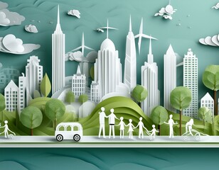 Ecology and environment conservation city and nature landscape background,Save the earth and world environment day concept with family on park,Paper art style.