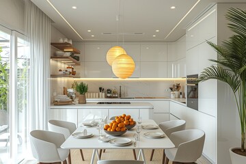 Wall Mural - Modern new light interior of kitchen with white furniture and dining table.