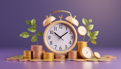 3d clock with coins, invest money to grow in time concept. Business investment, income and financial savings 3d, fast money, fast credit. 3D rendering illustration on purple background