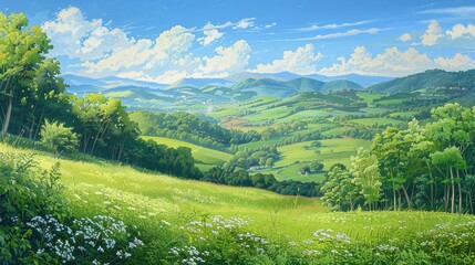 Wall Mural - Summer landscape of a verdant valley and field