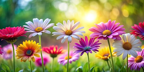 Wall Mural - A row of vibrant daisies blooming in a picturesque garden setting, flowers, nature, blooming, garden, spring, colorful, daisies, sunny