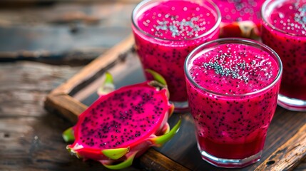 Smoothies of a red organic dragon fruit on an old wooden background. 