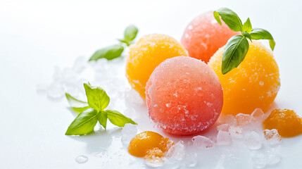 Artisan citrus basil sorbet, a closeup of artisan citrus basil sorbet, its vibrant colors and icy texture enhanced by fresh basil, set against a white background