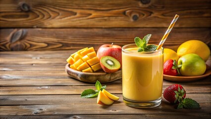 Wall Mural - Refreshing yellow smoothie in a glass with garnished fruit, two straws, and sliced fruit on a wooden table , healthy, drink