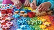 © DARIKA - A colorful holiday baking scene with a rainbow of cookie cutters, sprinkles, and icing, as family members decorate festive cookies together. Illustration, Minimalism,