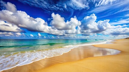 Wall Mural - Sandy beach scene with crystal clear blue sea and cloudy sky , beach, sea, sand, water, waves, ocean, shore, coastline
