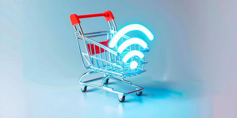Aufkleber - Miniature supermarket cart with wifi symbol in neon