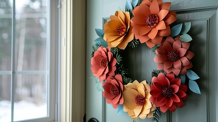 Wall Mural - A beautifully decorated holiday wreath made entirely from paper, hanging on a front door, demonstrating the versatility and beauty of paper art. Illustration, Minimalism,