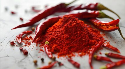 Wall Mural - Kashmiri red chili pepper with powder on white surface