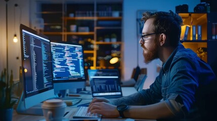 man working on software programs on a computer in a modern office