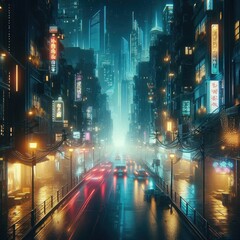 Wall Mural - Night city Cyber punk landscape concept with futuristic Light glowing on a dark scene