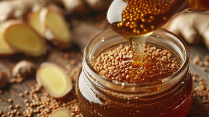 Sticker - Pouring Buckwheat Honey with Sliced Ginger Healthy Natural Remedy