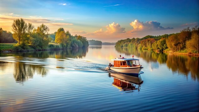 Boat gliding peacefully on a scenic river, boat, water, river, nature, tranquil, serene, calm, journey