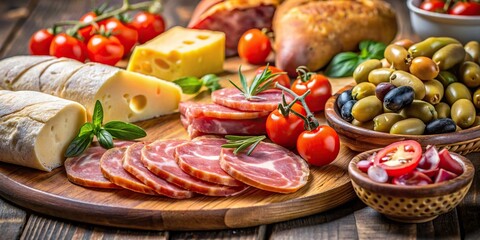 Wall Mural - Close-up of sliced deli meats, cheese, bread, tomatoes, and olives for food macro photography, sliced, deli meats, cheese