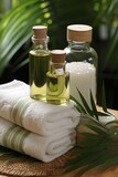 Vertical composition of sauna towels, relaxation, spa essentials, aromatics and aromatherapy