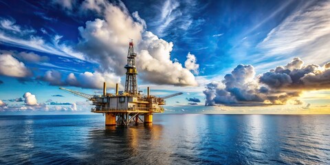 Wall Mural - Oil drilling platform in the ocean with blue sky and clouds , offshore, energy, exploration, industry, production