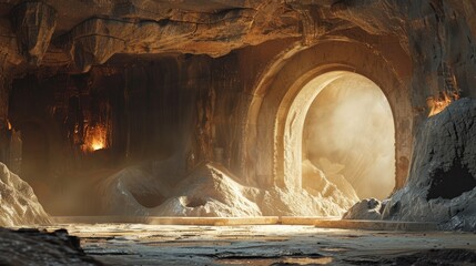 Wall Mural - Ancient structure featuring a light source and a curved entrance